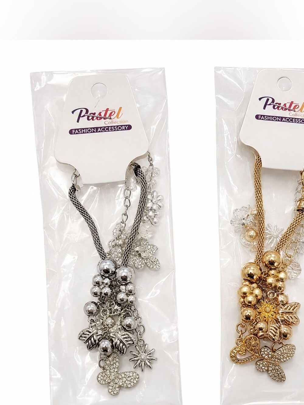 NWT 2 Butterfly & Floral Charm Bracelets Crystal Set Gold & Silver Tone - Picture 2 of 5